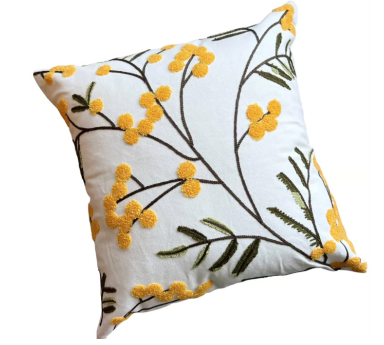 Yellow Bloom Leaf Embroidery Cushion Cover – Soft Microfiber Blend with Hidden Zipper, Machine Washable, 18x18 and 12x20 Compatible
